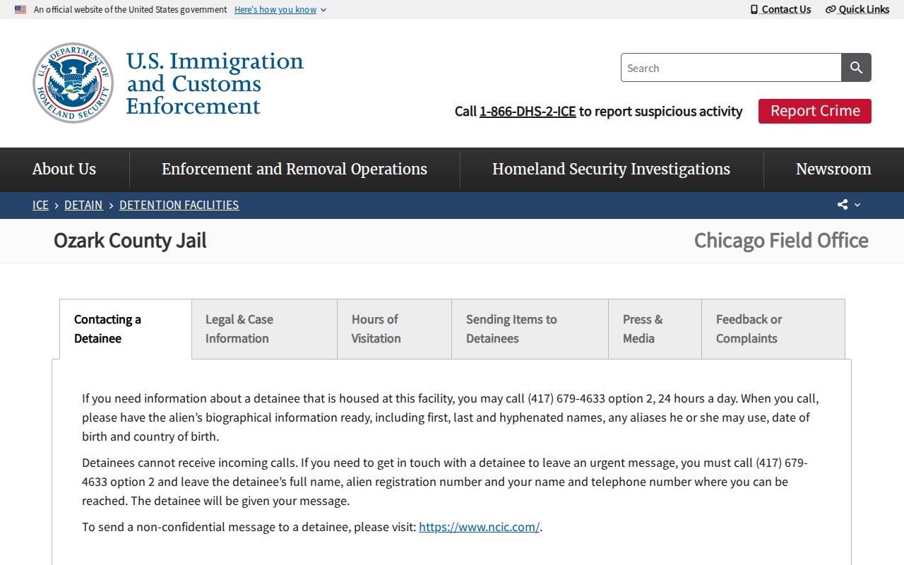 ICE record source for an Ozark County Jail release or transfer