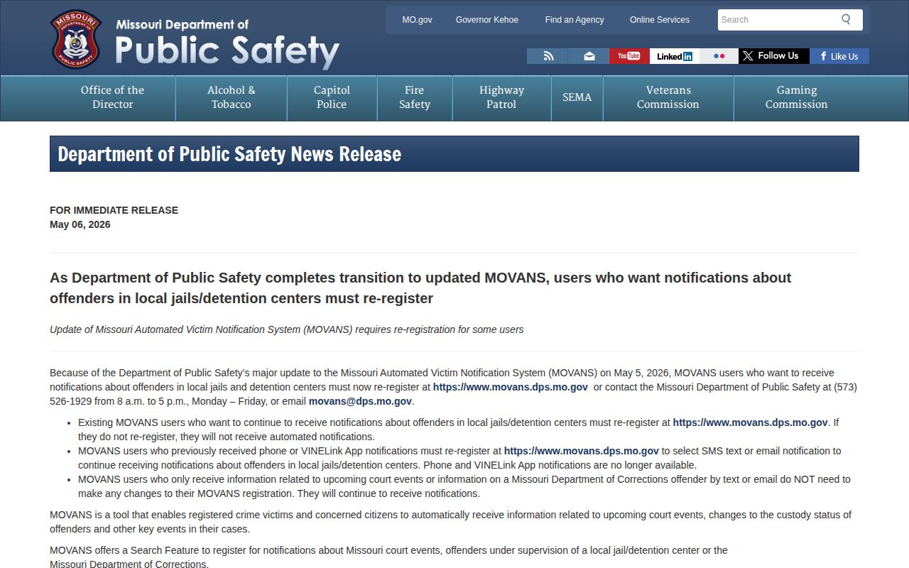 Ozark County VINELink release alert transition to MOVANS