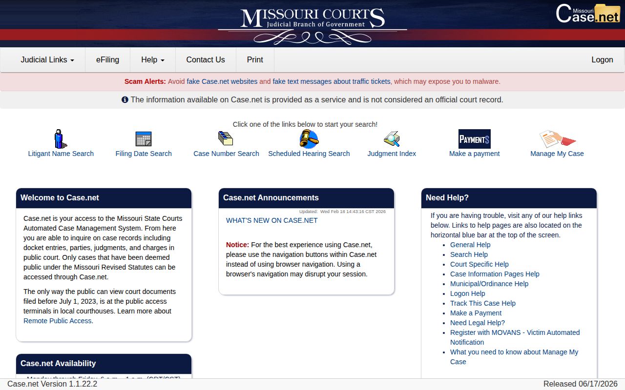 Case.net search for Ozark County release and court records