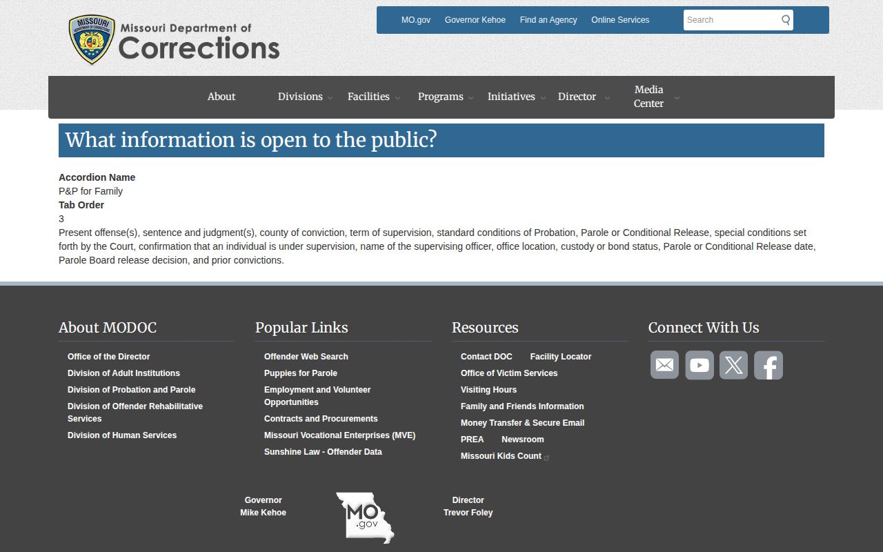 Ozark County parole and probation public information screen